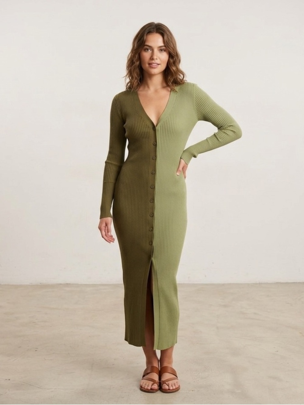 STAUD Olive Ribbed Button-Front Maxi Dress